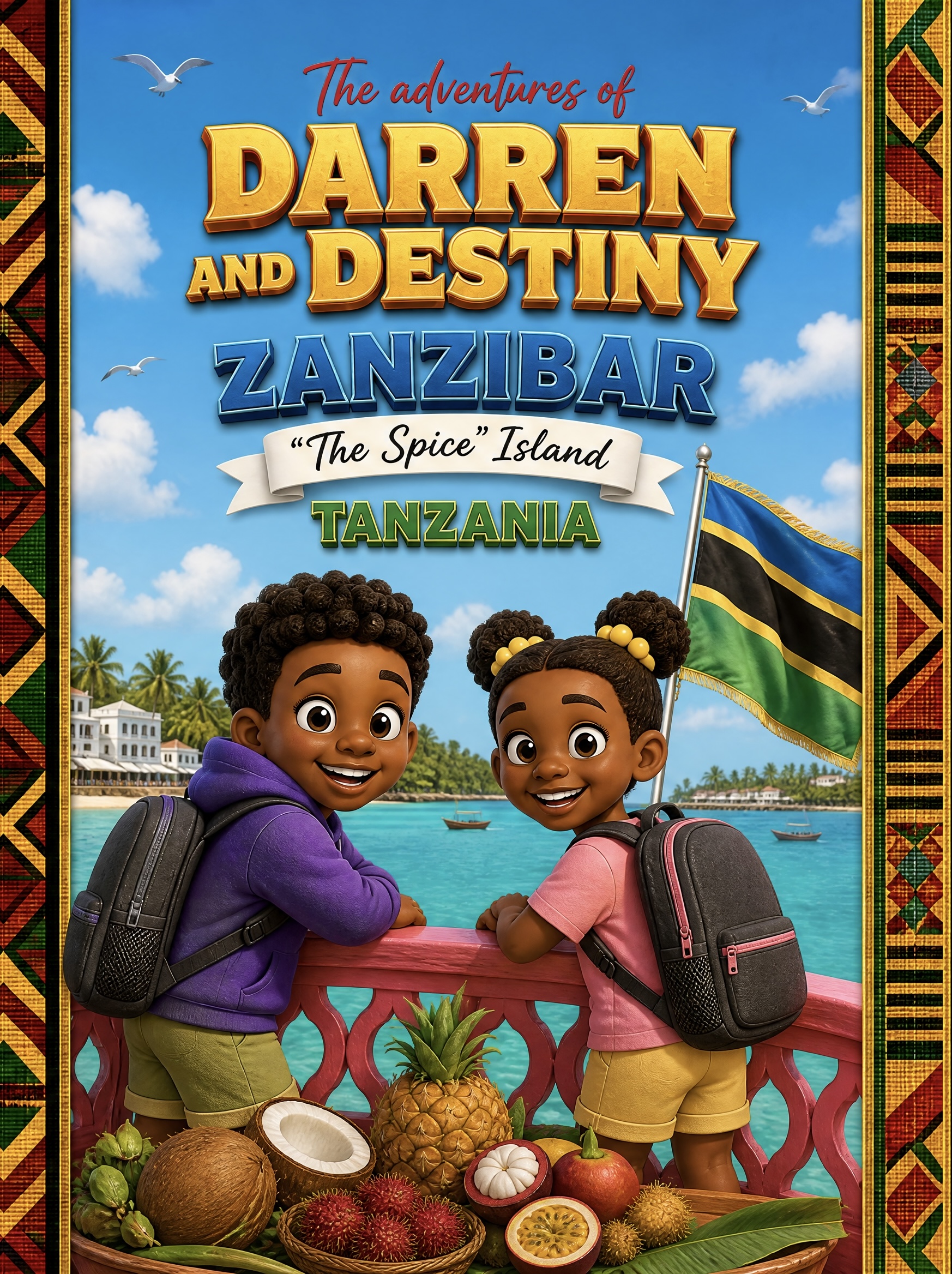 Cover of The Adventures of Darren and Destiny®: Zanzibar, The Spice Island, Tanzania, with Darren and Destiny at the Stone Town harbor